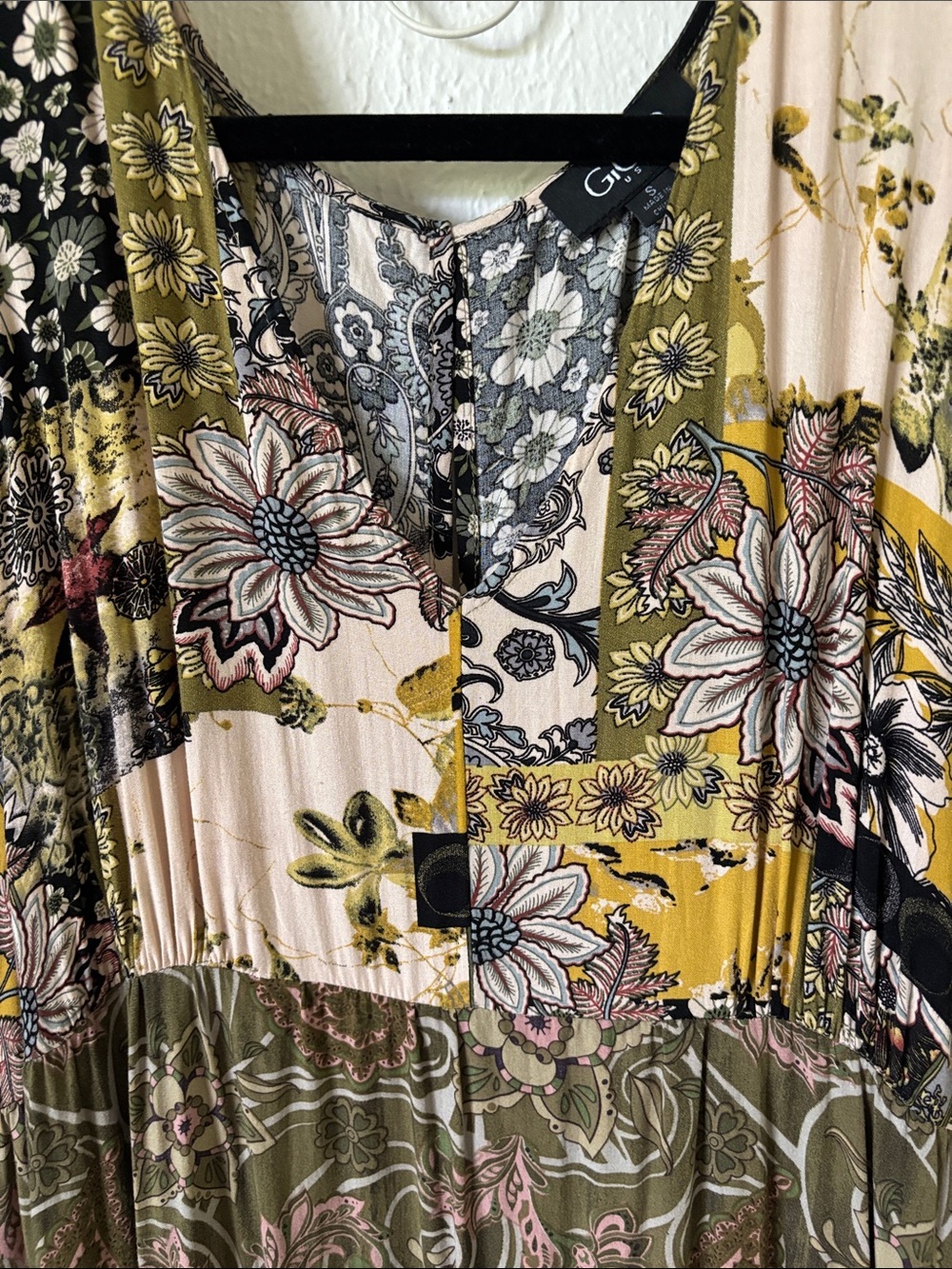 Boho Patchwork Maxi Dress in Olive & Mustard - Picture 2 of 2